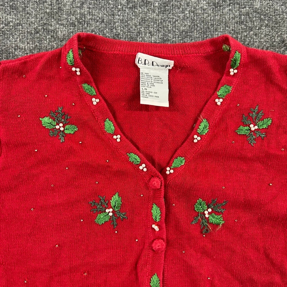 B.P. Design Cardigan Womens Large Red Ramie Cotton Nutcracker Christmas Holiday